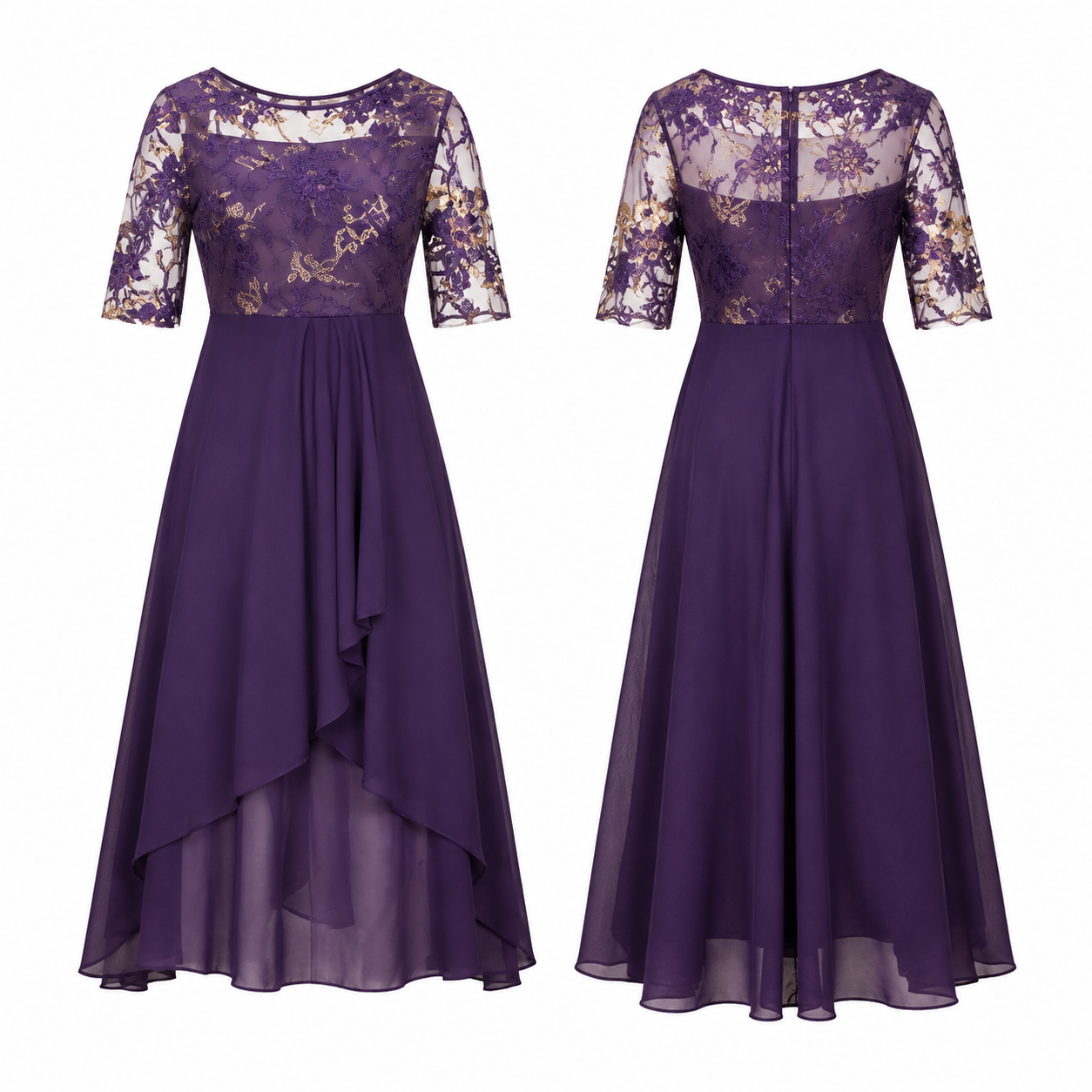 Purple and Gold Floral A-Line Dress